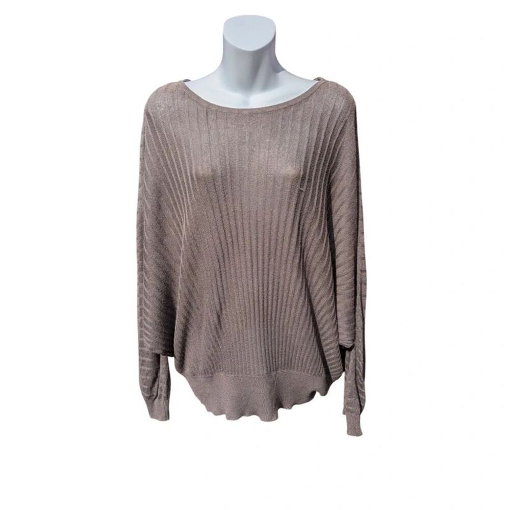 Wide Neck Dolman Sleeve Ribbed Sweater Gray Size M